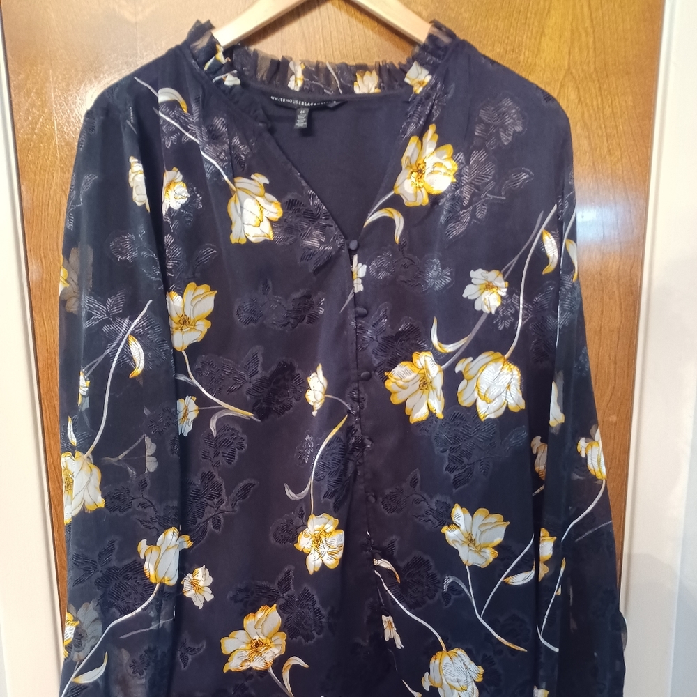 White House Black Market Black Floral Long Sleeve Blouse Size 14